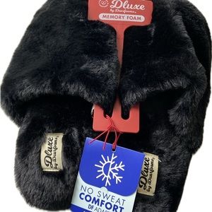 Furry black Deluxe Dearfoams slide slippers no sweat comfort